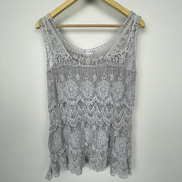 Solitaire by Ravi Khosla Gray Crochet Tunic Top Size M Boho Sleeveless Festival - Picture 5 of 5
